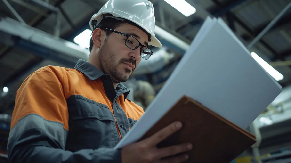 Engenheiro consultando normas técnicas para licenciamento de empresa