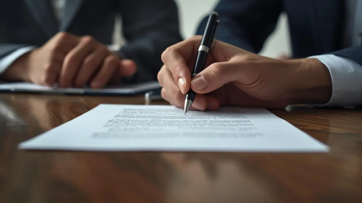 Mãos assinando documento de defesa administrativa