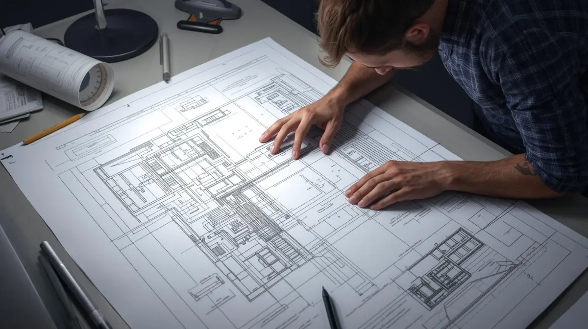 Engenheiro desenhando projeto técnico na prancheta